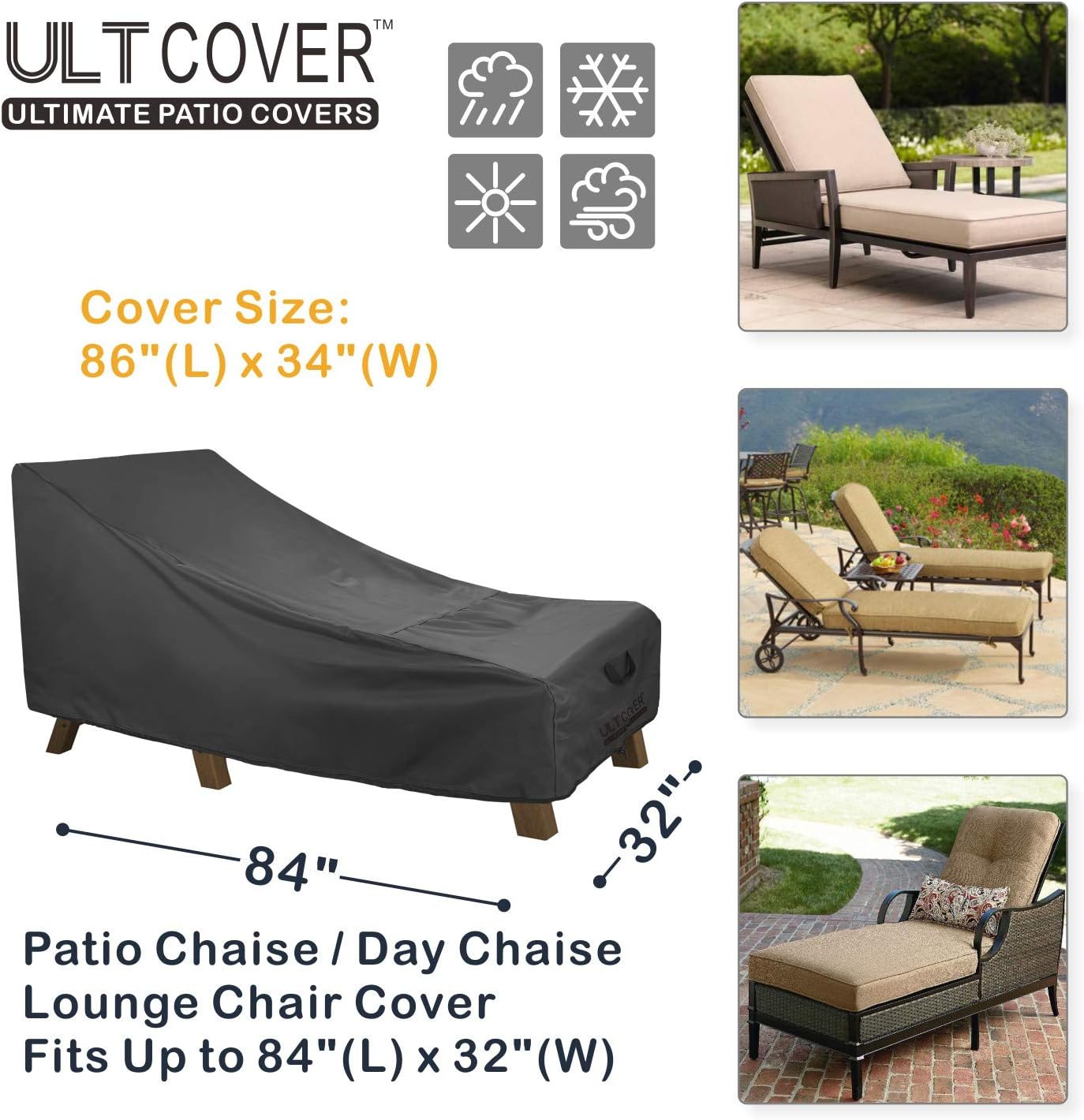 ULTCOVER Waterproof Patio Lounge Chair Cover Heavy Duty Outdoor Chaise Lounge Covers - 84L x 32W x 32H inch, Black : Garden & Outdoor
