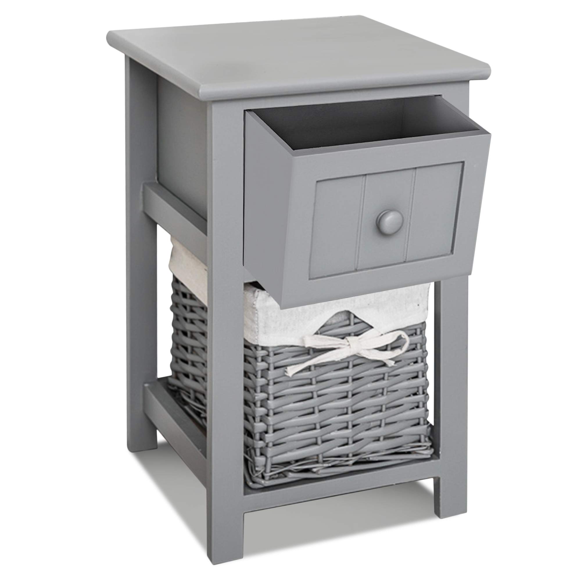 LIVIVO Grey Shabby Chic Style Wooden Bedside Cabinet Table With Matching Wicker Basket