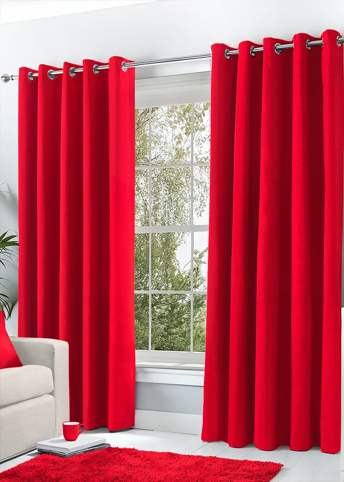 Hachette Thermal Blackout Curtains Eyelet Ring Top Including Pair of Tiebacks (Red, 46" X 72")