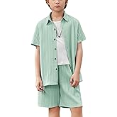 Arshiner Boy's Textured Button Up Shirt and Shorts Set 2 Piece Summer Beach Outfit for 5~12 Years Kids