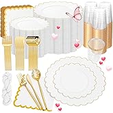 WONDERFUL 351pcs Upgrade White Plastic Plates - Plastic Dinnerware set with Fancy Gold Edges Includes 1 Table Runner 100 Disposable Plates 150 Silverware 50 Cups 50 Napkins for Wedding High End Party