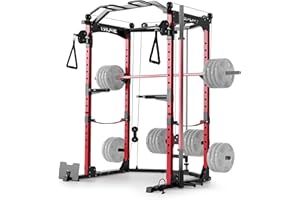 Power Cage for Home Gym with Pulley Cable System, Multi-Functional Squat Rack with LAT Pulldown & Attachments for Full-Body S
