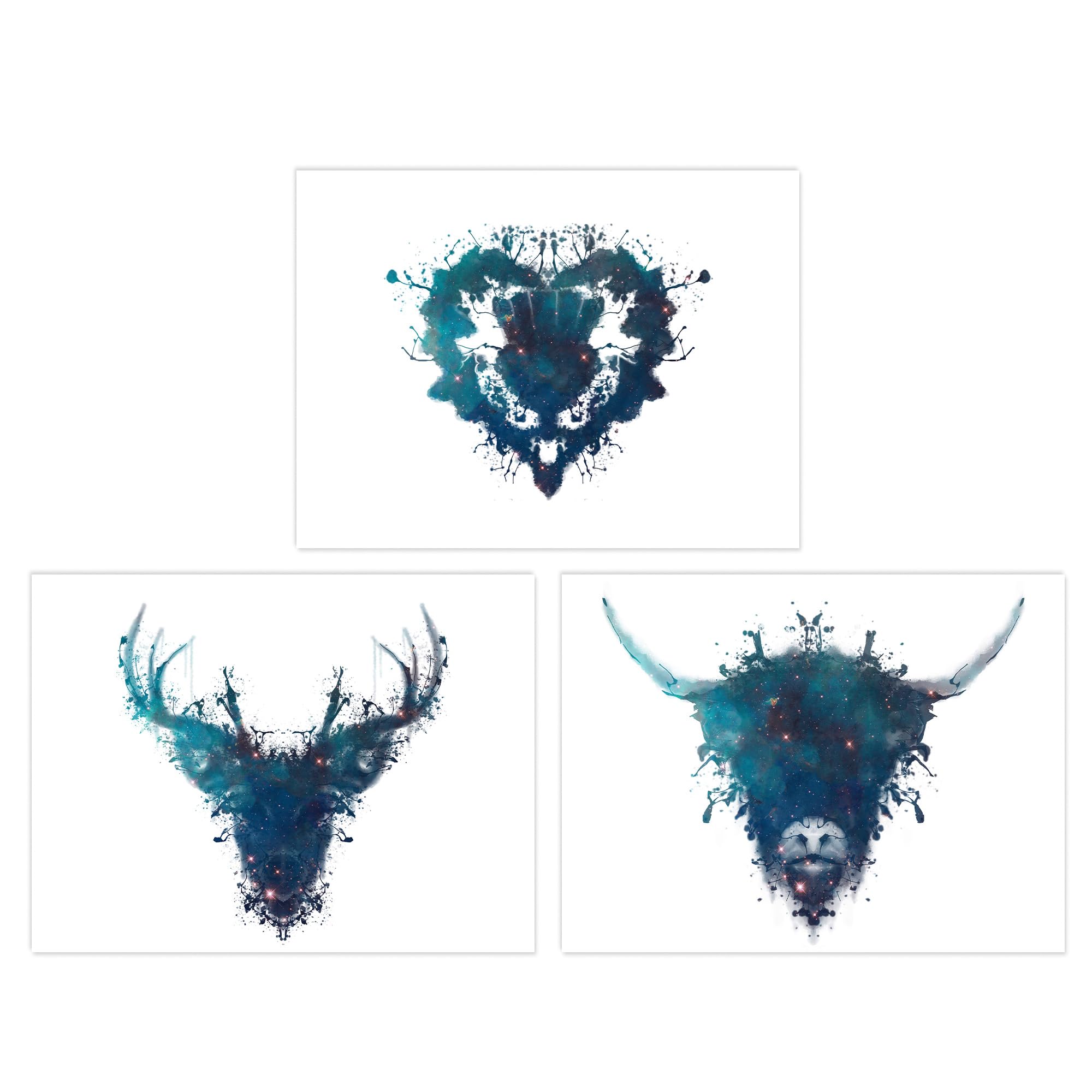 Wee Blue Coo Pack of 3 A4 Ink Splat Thistle Heart Flower Hairy Coo Cow and Stag Celestial Space Scottish Painting Unframed Wall Art Living Room Prints Set