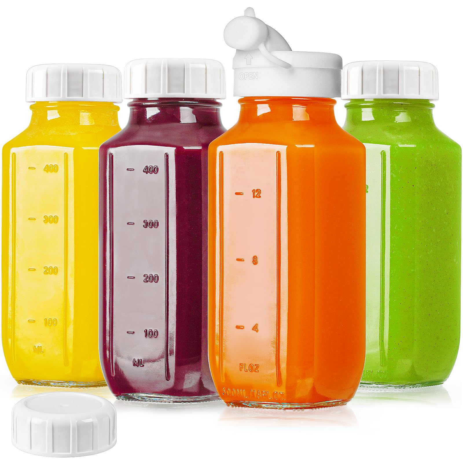 Absovetu 4 Pack Glass Juice Bottles with Lids Airtight 500 ml/16oz - Reusable Milk Storage Bottles Milk Jug with Lid Breastmilk Storage Bottle with Pour Spout Square Glass Water Bottle