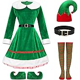 KASBAH 5 Pack Christmas Elf Costume Set Holiday Elf Cosplay Velvet Dress Xmas Outfit For Party With Hat Shoes Strap Socks