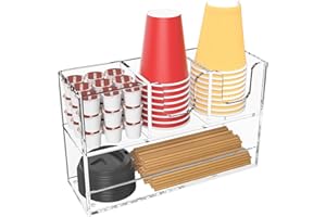 Rulyyo Coffee Condiment and Cup Organizer - 2-Tier Upright Cup and Lid Holder with Straw Organizer 4 Compartments Clear Acrylic Cup Dispenser for Restaurant Breakroom Coffee Station Countertop