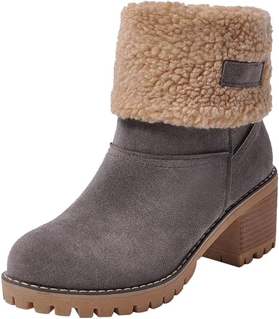 women cute warm short boots suede chunky mid heel round toe winter snow ankle booties