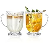 KEMORELA Ribbed Glass Coffee Mug Set, 16oz Clear Glass Mugs with Handle, Bar Accessories, Durable Drinkware for Hot Beverages, Set of 2 Coffee Mugs