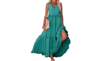 Novlewign Womens Maxi Dress Sleeveless V-Neck Summer Smocked Tank Dresses Loose Flowy Swing Ruffle Beach Vacation Sundress
