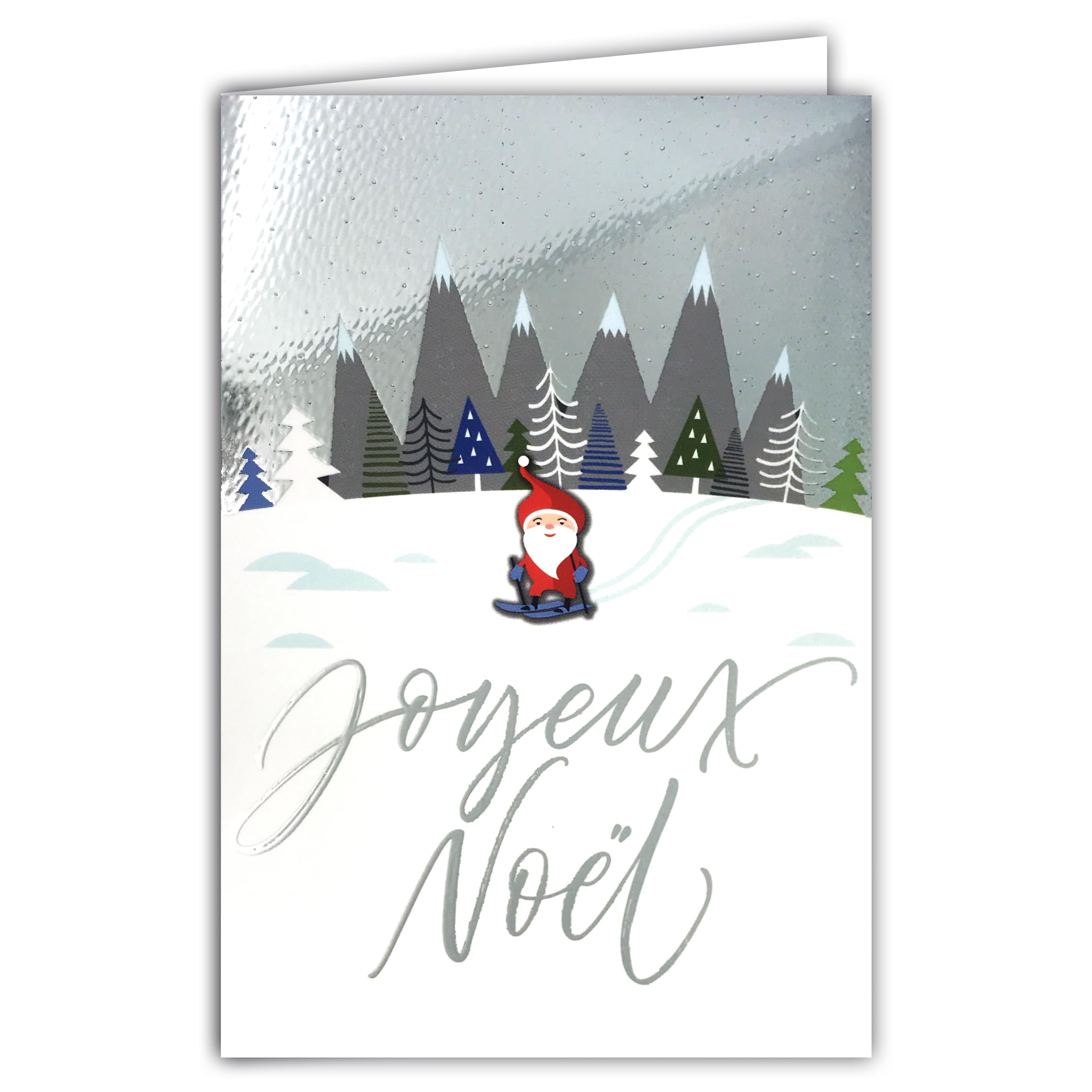 Santa Claus, Skier, Merry Christmas, Shiny Silver with White Envelope, Size 12 x 17.5 cm, Snowy Landscape, Forest, Fir Trees, Mountains, Summits Picks Winter Best Wishes End of Year – Made in France