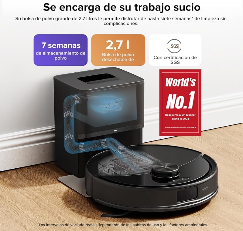 roborock Q10 S5+ set Robot Vacuum e Mop 2 em 1 de 10000 Pa, Sistema Anti-Emaranhado Duplo, Prevenção de Obstáculos, 7 Semanas de Auto-Esvaziamento, Navegação LiDAR PreciSense, App Control, Preto