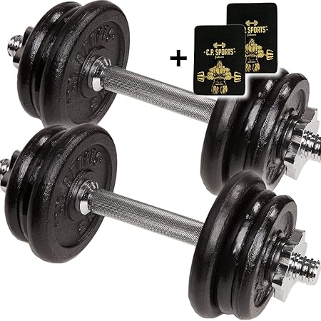 C.P. Sports Gusseisen Kurzhantelset 20 KG Kurzhantel, Hanteln Kurzhantel Set 2 x Hantelstangen inkl. Hantelscheiben + Griffpo