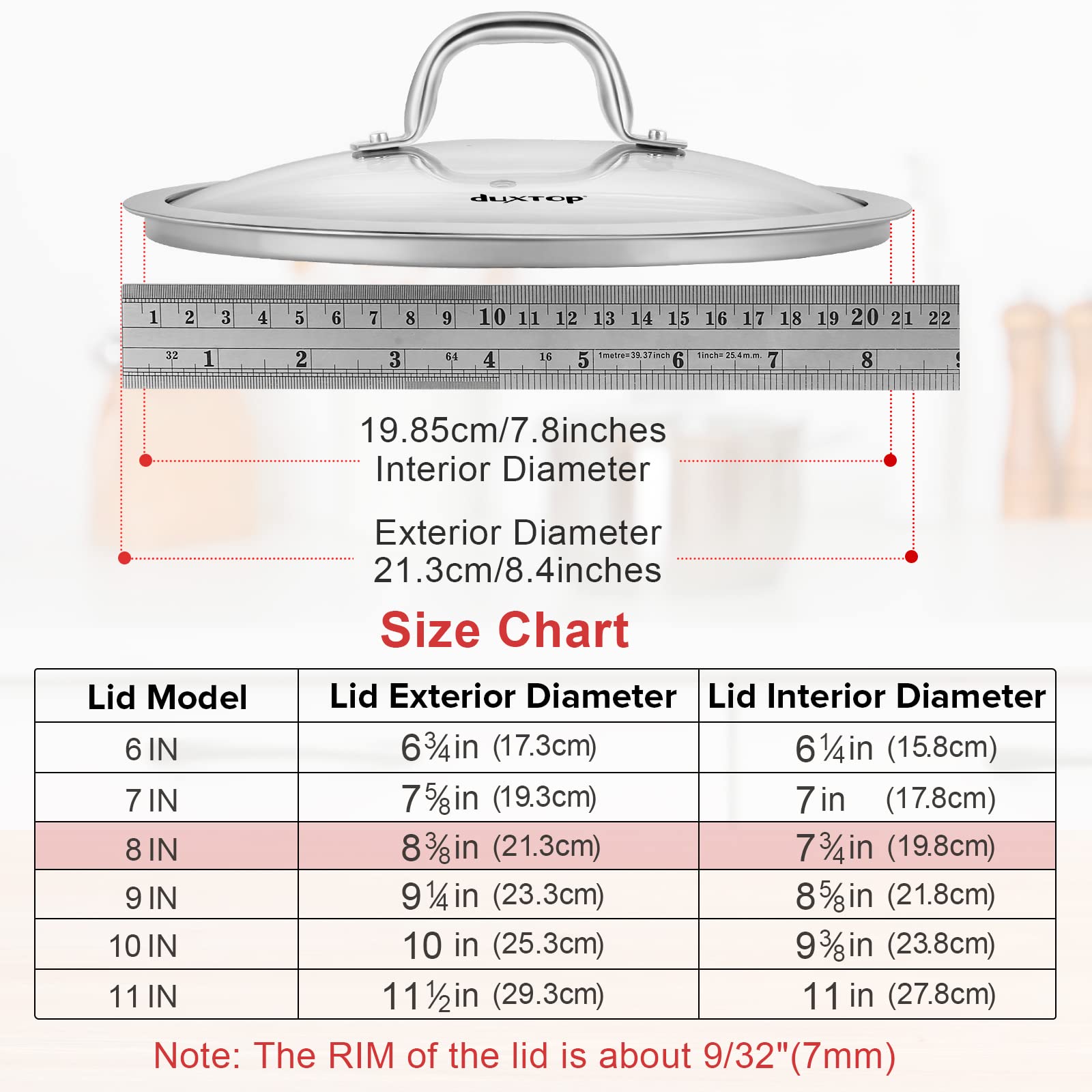 Duxtop Cookware Glass Replacement Lid (Interior Diameter: 7-3/4inch, Exterior Diameter: 8-3/8inch)
