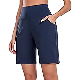 Oalka Women's High Waisted Shorts Yoga Workout Bermuda Long Hiking Shorts with Pockets