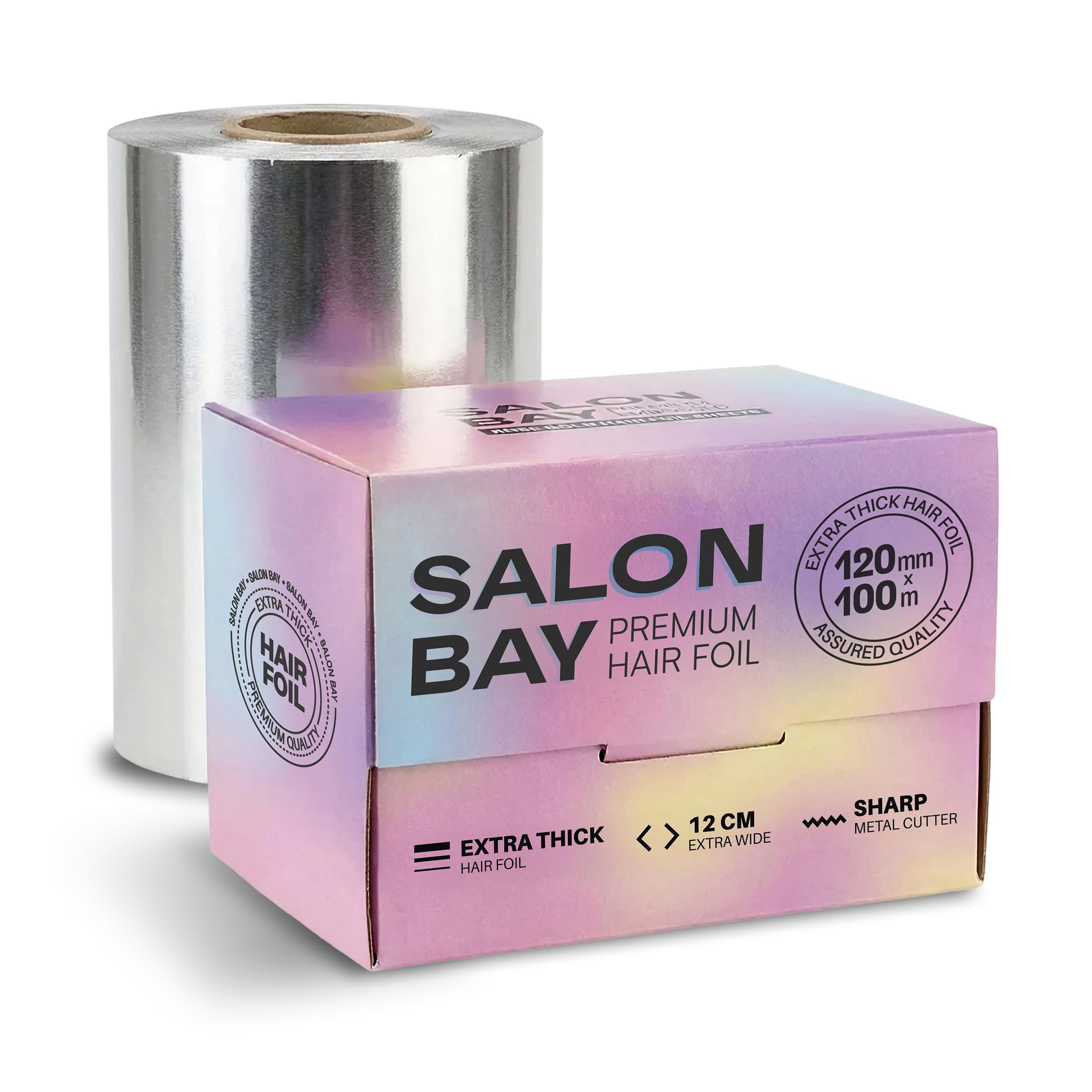 Hair Foils for Highlighting - Premium Hairdressing Foil with Metal Cutter, 12cm x 100m Extra Wide, Extra Thick Highlighting Foil for Hair Colouring and Balayage - Salon Bay