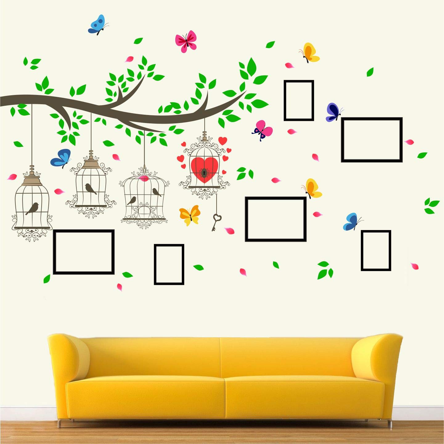 Buy Stickme Family Photo Frame Tree Birds Cage Butterfly Wall Sticker Sm636 Multi Colour Vinyl 150cm X 100 Cm Online At Desertcartbahrain