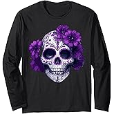 Purple Floral Black Sugar Skull Day Of The Dead Mexican Pray Long Sleeve T-Shirt