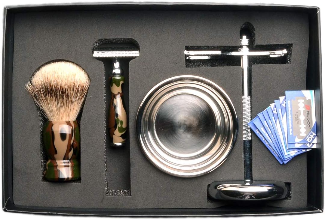 CSB Camouflage Handle Men's Grooming Shaving Kit Silvertip Badger Shaving Brush Safety Razor with Bowl Set Shaving Brush Safety Razor Gift for Him