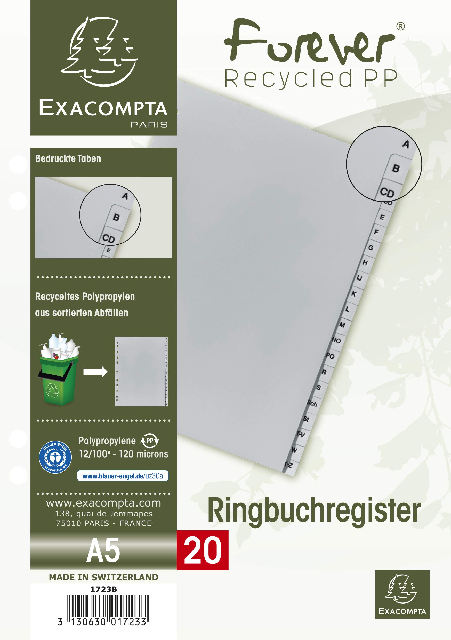 Exacompta - Ref 1723B - Grey Polypropylene dividers - 20 Printed Keys - German Alphabet - 2/3 Size A4 - Recycled Polypropylene — image 1