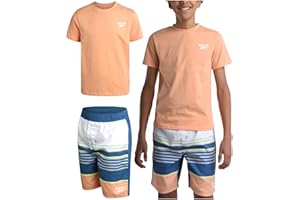 Reebok Boys' Rashguard Set - UPF 50+ Short Sleeve Sun Shirt and Bathing Suit Boardshorts - Swimwear Set for Boys (4-12)