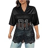 SOLY HUX Women's Plus Size Jersey Shirts Lace Sheer V Neck Half Sleeve Number Graphic Tees Casual T Shirt