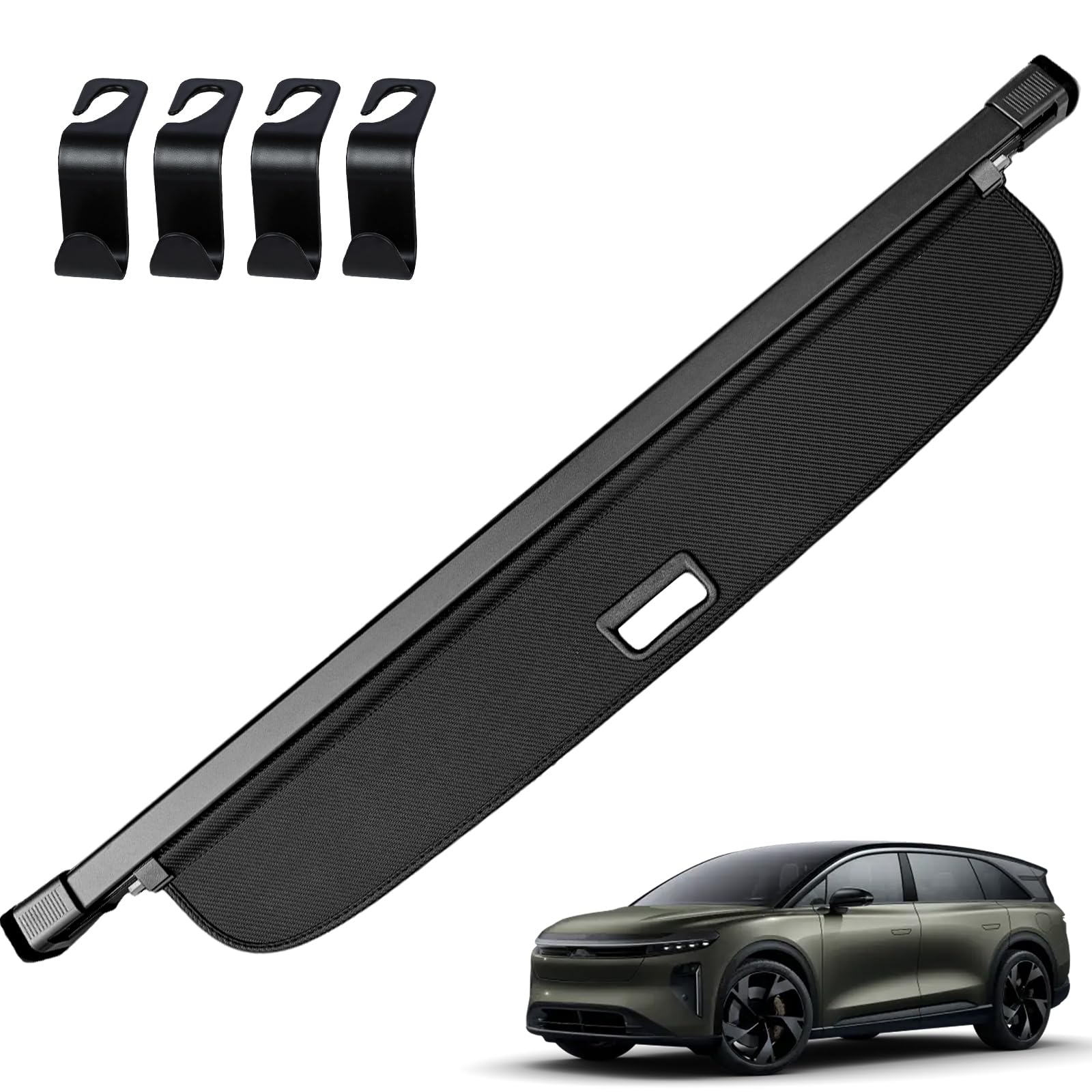 AUXKO Retractable Cargo Cover for Lucid Gravity 2026-2025 with 4PCS Car Headrest Hooks, Trunk Cargo Cover Luggage Security Shade Cover Shielding Shade Anti-Peeping Luggage Privacy Screen, Carbon Fiber Image