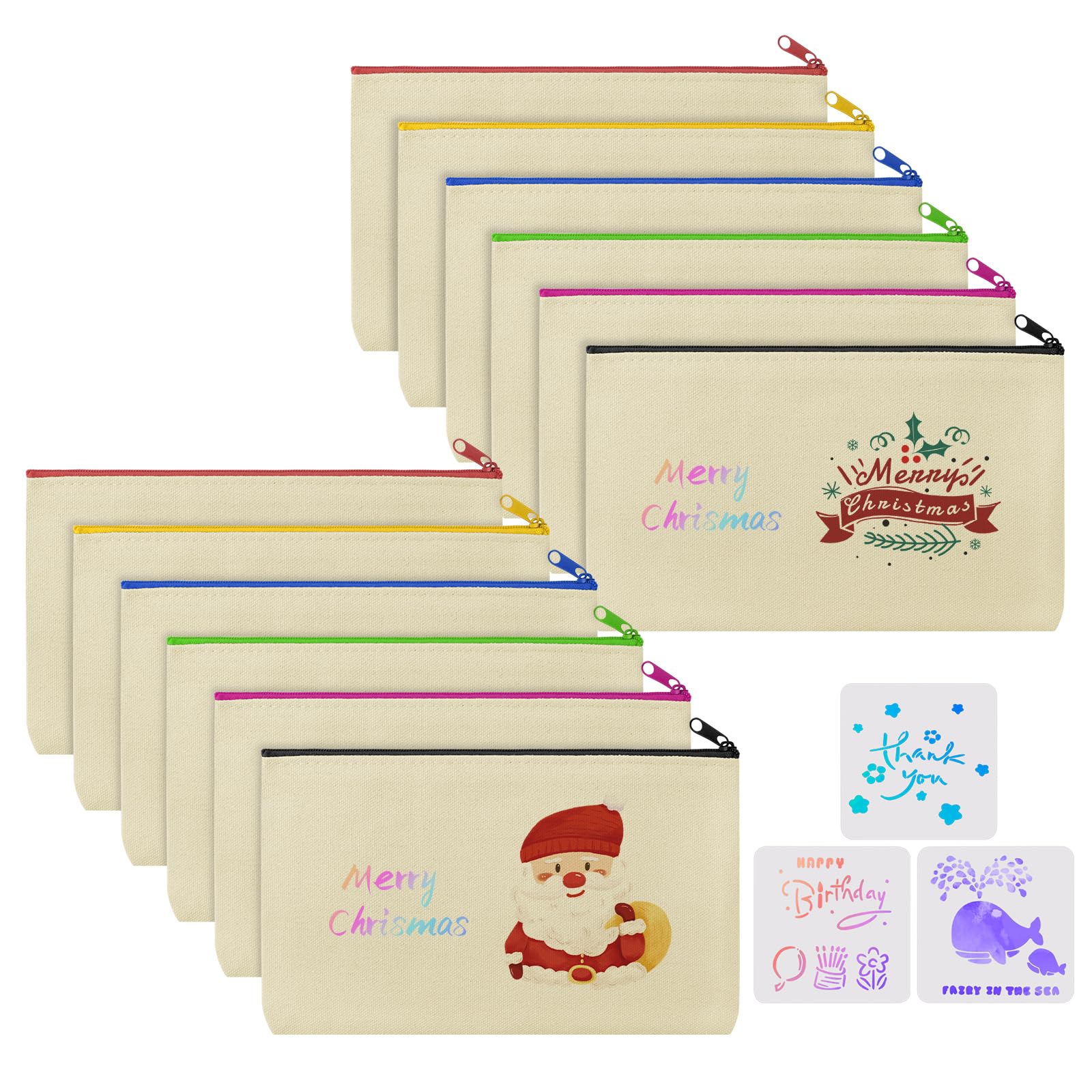 Vicloon Canvas Zipper Bag, 12Pc Canvas Pencil Pouch Bags and 3Pcs Doodle Template, Canva Makeup Bags DIY Craft Bag for Painting, School, DIY Craft, Travel, Organizer