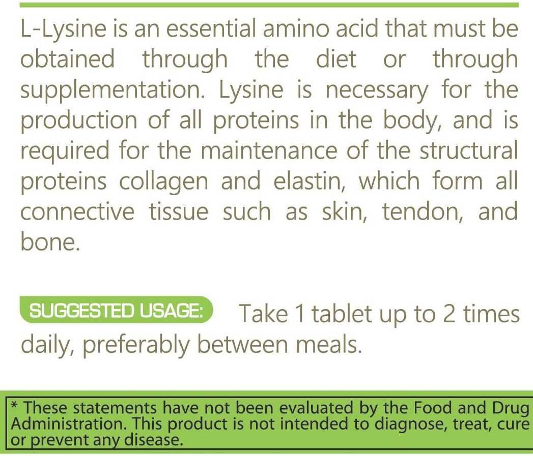 L LYSINE Hcl Essential Amino Acid 1000mg 100 Tabs Supports Collagen Synthesis Cognitive Function