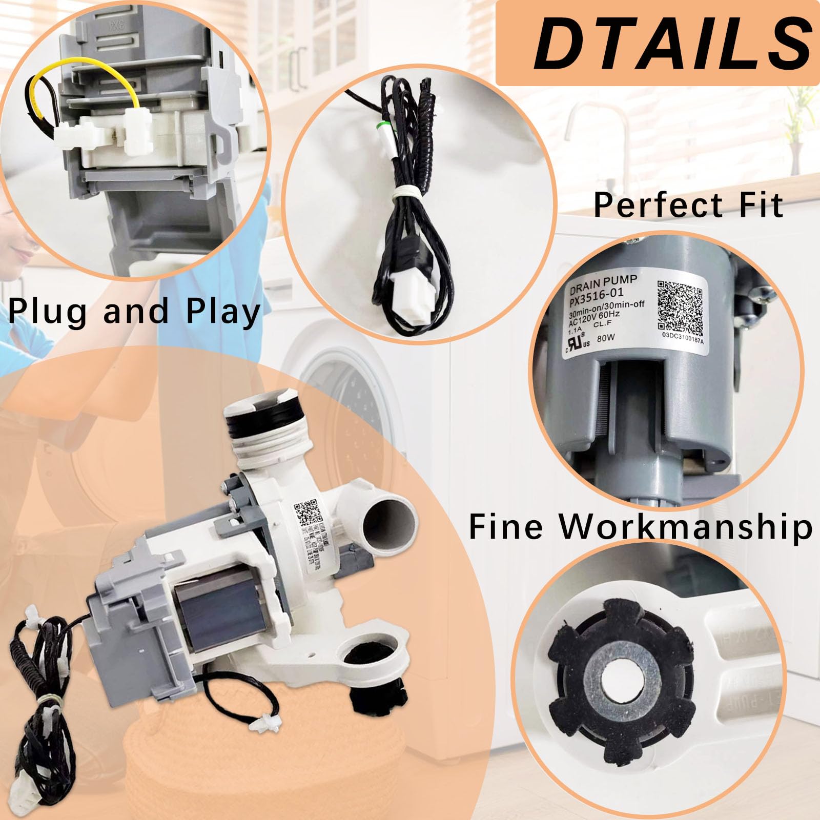 DC97-19289F PX3516-01 Washer Drain Pump Assembly Compatible with Samsung WA45N3050AW/A4, WA45H7000AP/A2, WA44A3205AW/A4, WA50M7450AW/A4, WA50F9A7DSP/A2, WA45M7050AW/A4, WA52M8650AW/A4 Drain Pump Motor