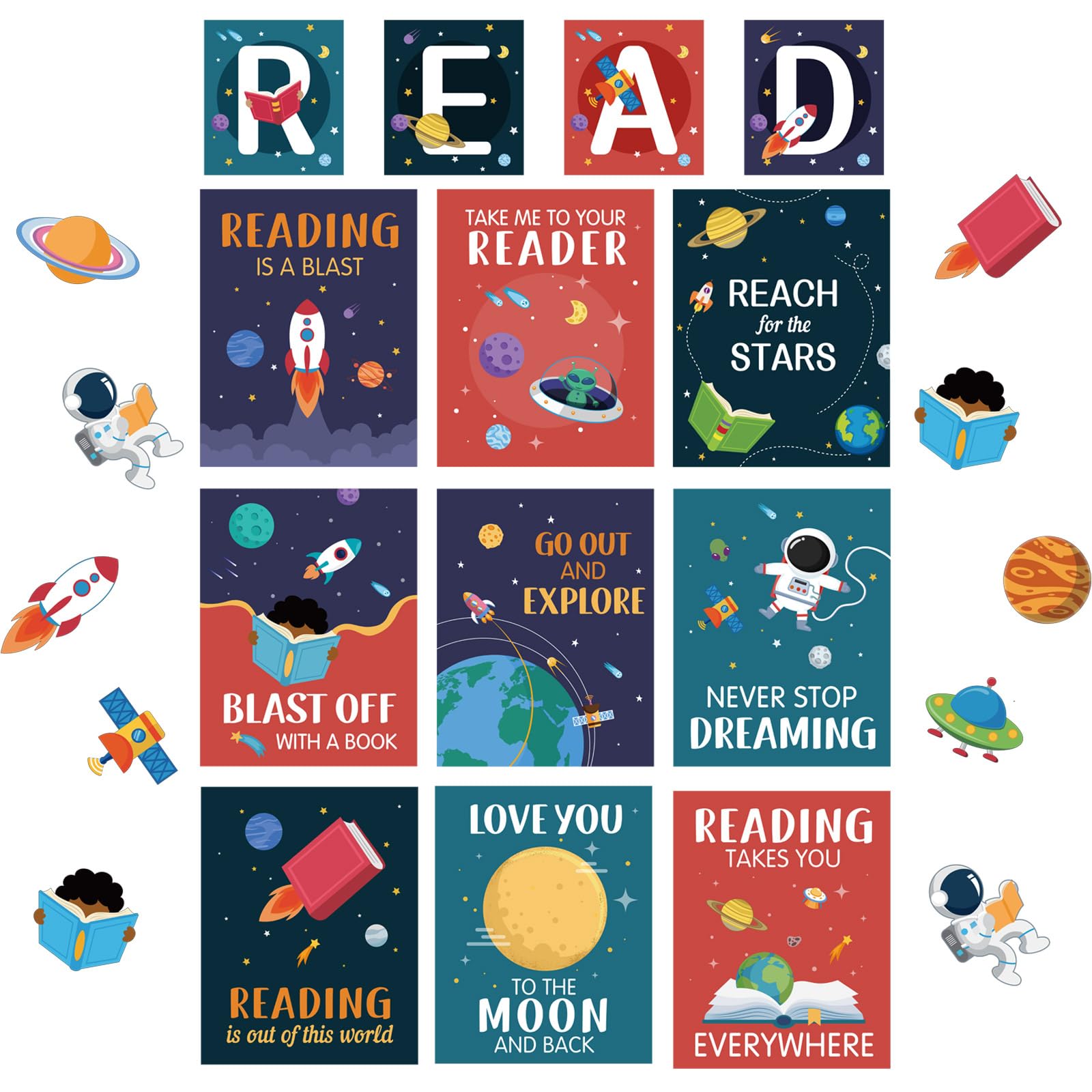 Photo 1 of Outus 23 Pcs Space Bulletin Board Decorations Set Reading Classroom Decorations Educational Outer Space Bulletin Board Posters for Back to School Homeschool Preschool Library Wall Decor Supplies