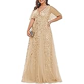 Ever-Pretty Women's Plus Size Sequin Embroidered Formal Evening Gown V-Neck Sheer Short Sleeve A-Line Mother of Biride Dress