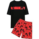 VahRuta Mens 2 Piece Summer Outfits Beach Vacation Outfit Hawaiian Coconut Printed Tee and shorts Set