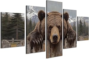 5 Piece Brown Bear Canvas Wall Art - Framed Animal Pictures Bear Wall Decor Paintings, Lightweight & Easy Hanging, Modern Ani