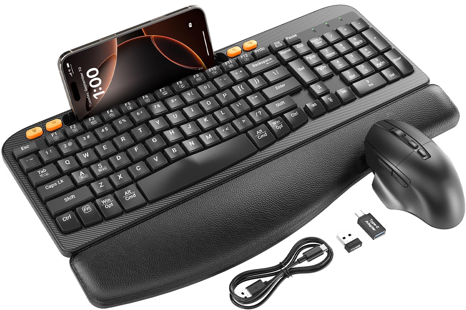 Photo 1 of Wireless Keyboard and Mouse Combo, Ergonomic Wave Keys, Cushioned Plam Rest, Rechargeable, Phone Holder, Natural Typing, 2.4G Lag-Free, Full Size Keyboards Cordless Set for Windows/Mac -SABLUTE