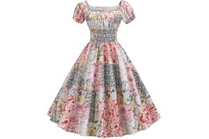 BNISBM 1950s Retro Cocktail Princess Dress for Women Short Sleeve Country Rockabilly Dress Flared Cocktail Swing Dress