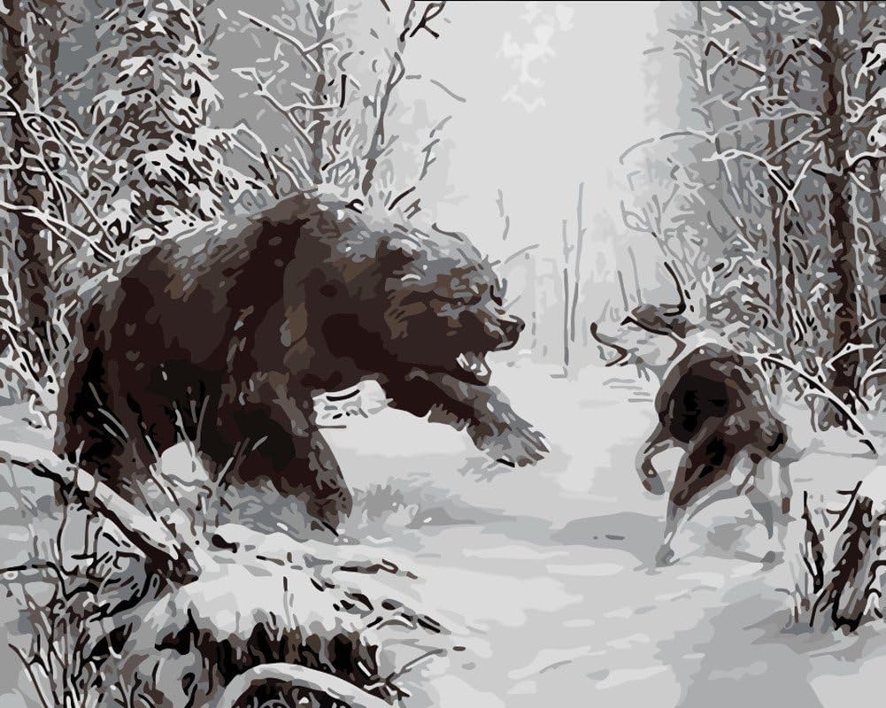 Komking DIY Oil Painting Paint by Numbers for Adults Beginner,Paint by Number Kit Painting on Canvas 16x20inch - Bear and Wolf Pattern
