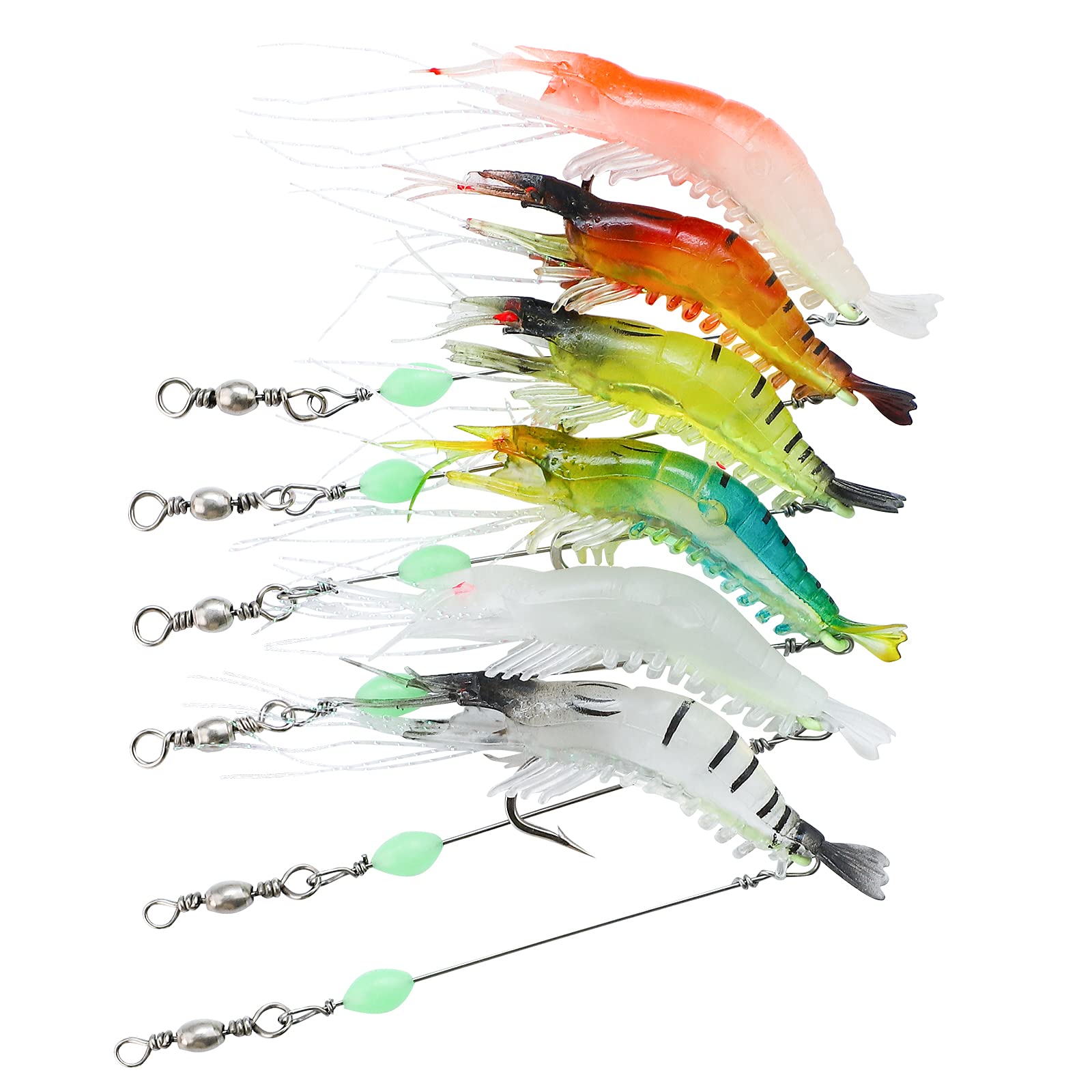 6PCS Fishing Lures Set, Artificial Shrimp Bait, Silicone Soft Shrimp Lures Plastic Luminous Fishing Bait with Hooks Fishing Tackles for Freshwater Saltwater Bass Trout Catfish Salmon Lures