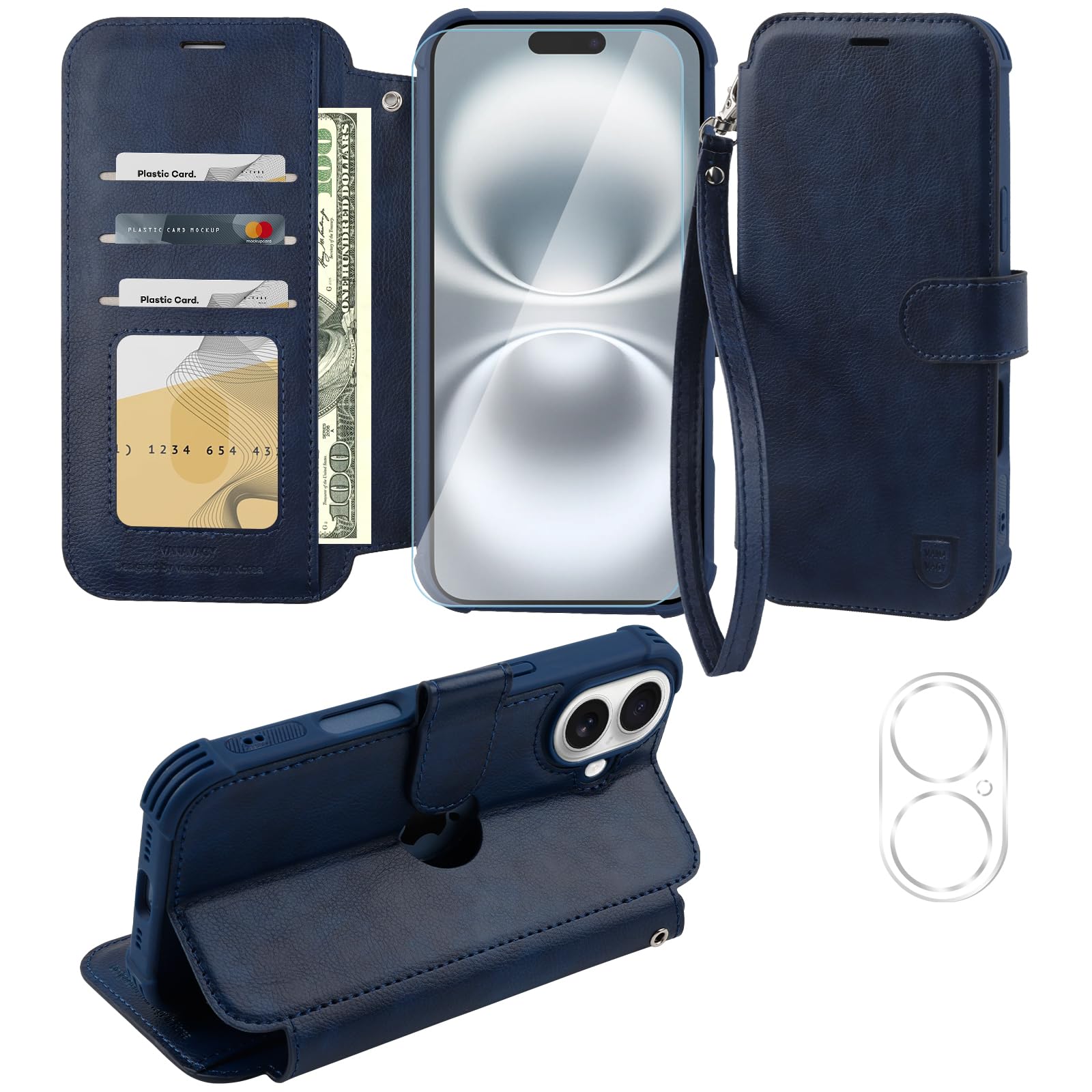 VANAVAGY Compatible for iPhone 16 Plus Wallet Case, 12ft Drop Protection, RFID Blocking PU Leather Flip Cover, Card Holder & Kickstand, Shockproof Phone Case for 16 Plus-6.7 Inch,Navy Blue