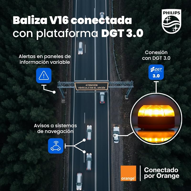 Baliza de Emergencia V16 con Geolocalización y Conexión DGT 3.0 – Homologada, Plan de Datos Incluido, Base Magnética, Alta Visibilidad 1km, Resistente Lluvia y Viento, Pilas AA inlcuidas