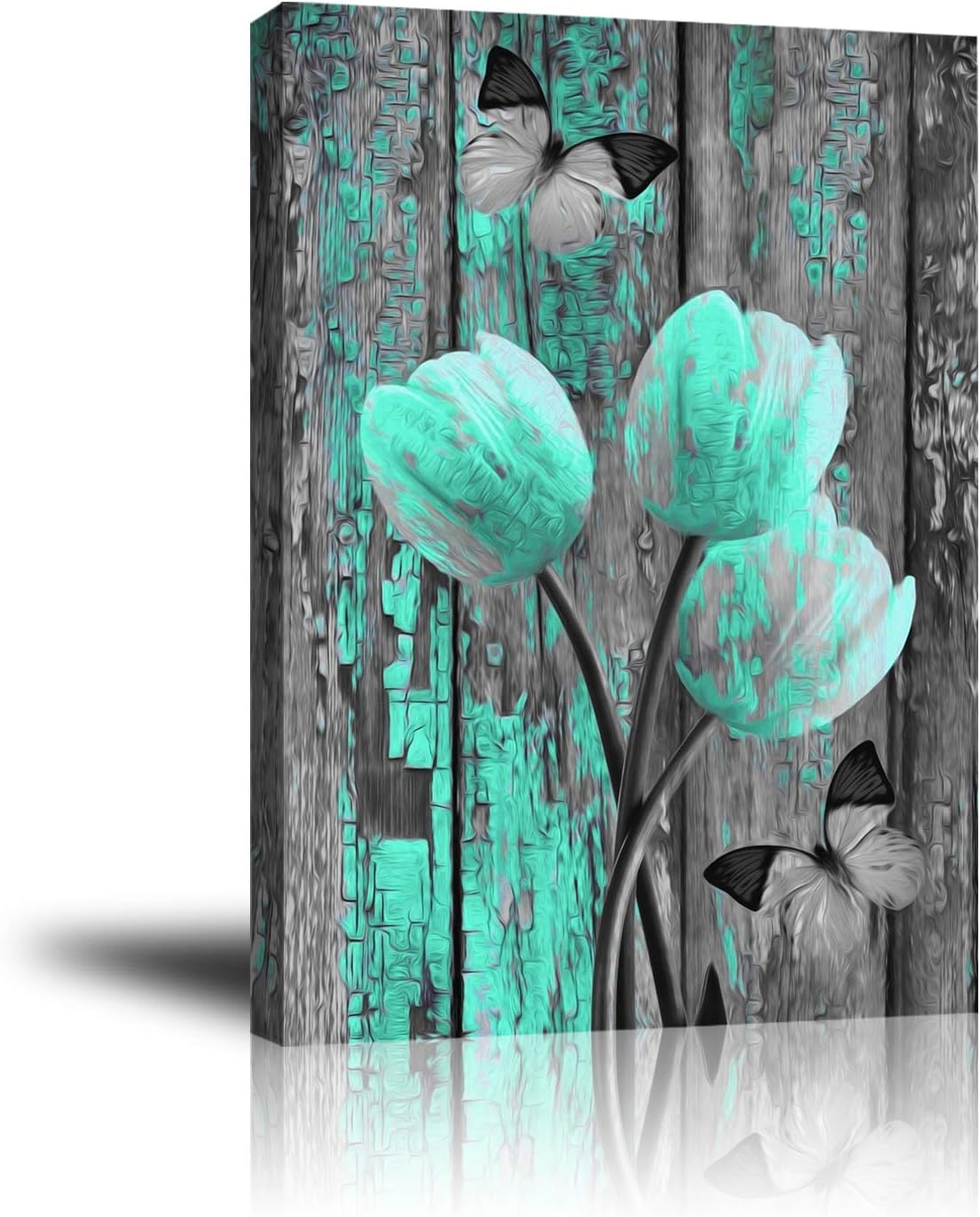 Giclee Canvas Wall Art for Home Decoration, Abstract Canvas Wall Decor, Modern Paintings Picture Decorative Artwork for Livingroom Bedroom Bathroom 16x20 (Green Rustic Tulip Butterfly Vintage)