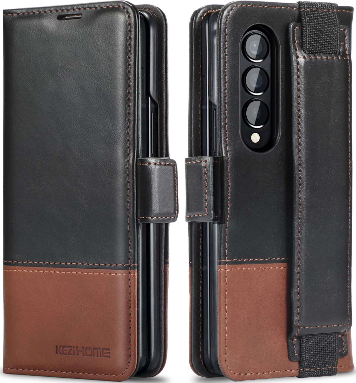 Photo 1 of KEZiHOME for Samsung Galaxy Z Fold 4, Genuine Leather Wallet Case [RFID Blocking] with Card Holder Flip Folio Kickstand Magnetic Case Compatible with Samsung Z Fold 4 5G(Black/Brown)