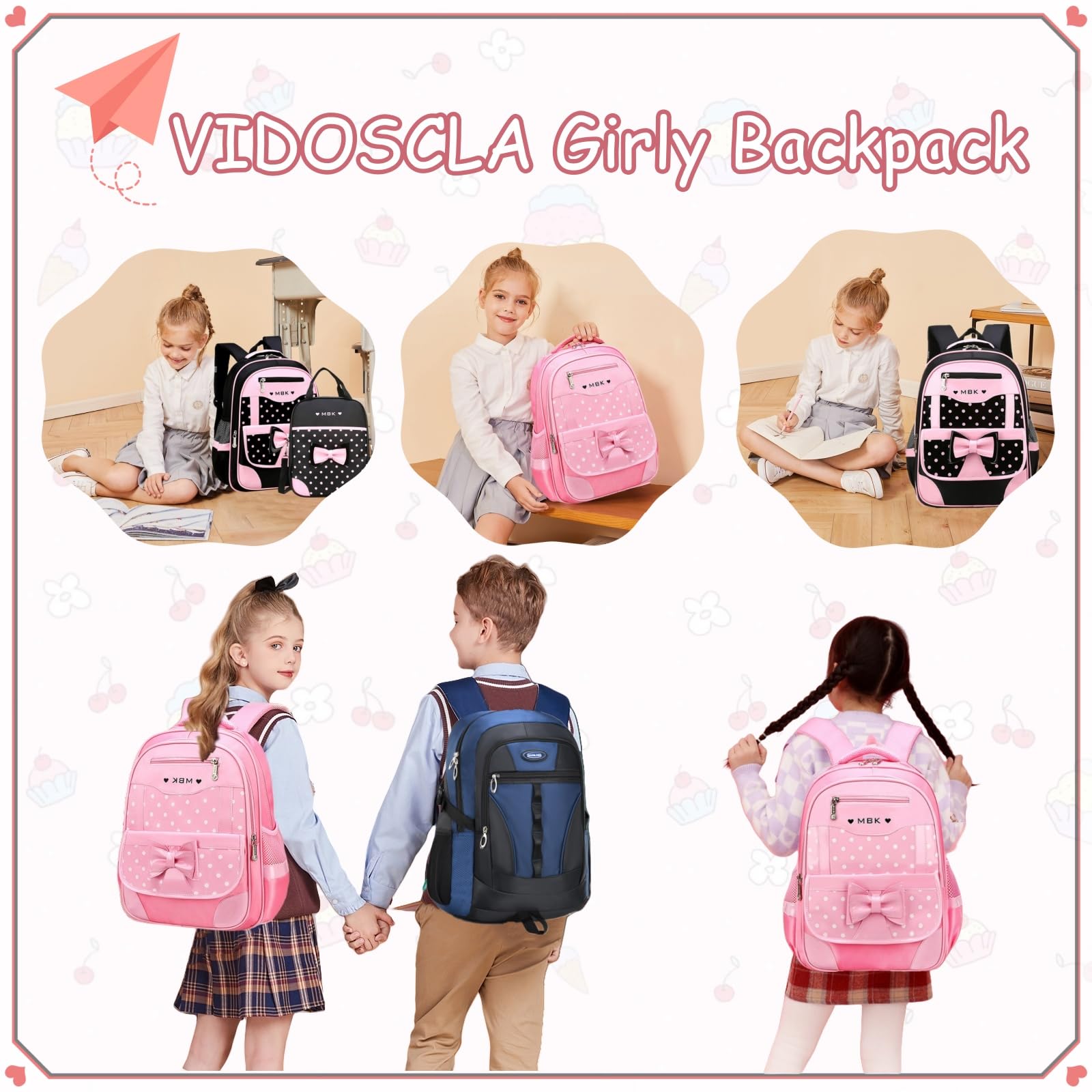 VIDOSCLA School Bags for Girls,2Pcs Bowknot Students Backpack,Elementary Princess Bookbag Sets for School