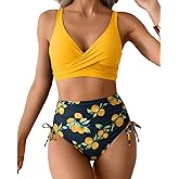VividHarbor Women's High Waisted Two Piece Swimsuit Twist Front V Neck Push Up Bikini Sets Padded Bathing Suit Swimwear