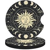 2pcs Sun Moon Stars Car Coasters,Absorbent Universal neoprener Cup Holder Coasters with a Finger Notch,Car Accessories for Women&Man Interior，2.75