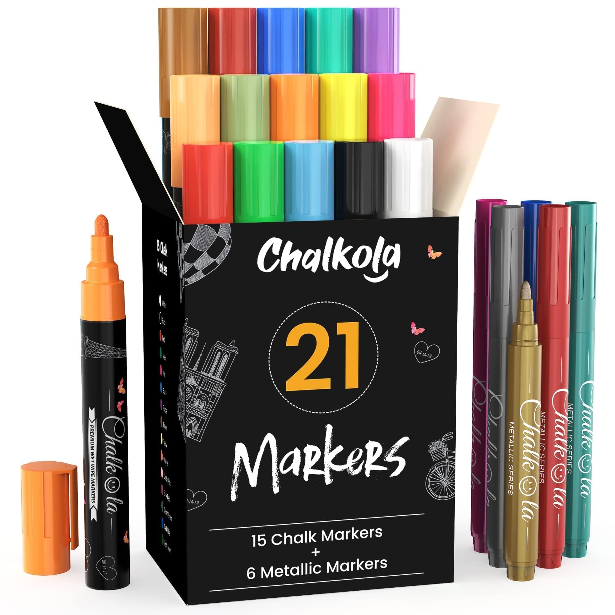 Chalk Pens & Metallic Colours (Pack of 21) Neon Chalk Markers - Erasable Dry Erase Marker Pens for Blackboards, Chalkboard, Window, Glass | 6mm Reversible Bullet & Chisel Tip