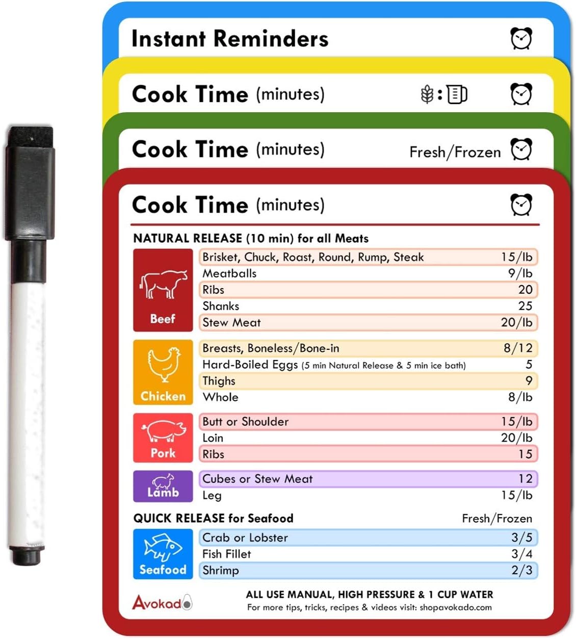Cheat Sheet Magnet Set for Instant Pot with Dry Erase Marker - 4 Easy Reference Popular Cook Times Magnets for Instapot, Fridge, or Refrigerator - Cookbook, Decals, Companion Accessory - USA MADE