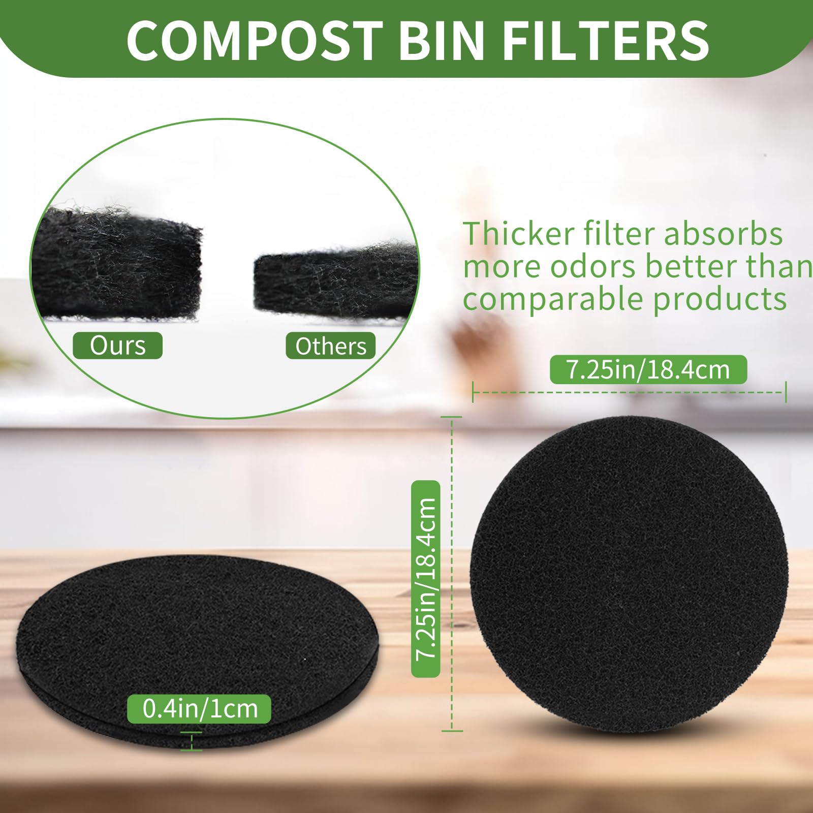6.7 inch Kitchen Compost Bin Charcoal Filter Replacements, 12 Pack Compost Pail Replacement Carbon Filters 6.7 inch, Round Activated Compost Filters Countertop Bin Bucket