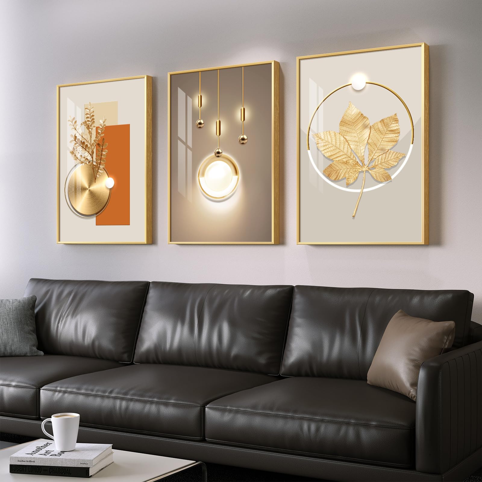 Framed Modern Luxury Gold Large Wall Art for Living Room, Set of 3 ...