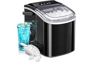 AGLUCKY Ice Makers Countertop, Portable Ice Maker Machine with Handle,26lbs/24Hrs, 6Mins/9 Pcs Bullet Ice,Self-Cleaning Counter Top Ice Maker with Ice Scoop for Home & Kitchen(Stainless Steels Black)