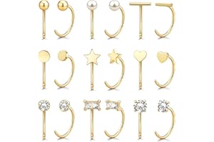 GEMQUEEN 14K Gold Plated Huggie Half Hoop Earrings Cartilage Helix Open Hugging Earrings for Women | 9 Pairs Hypoallergenic 316L Stainless Steel Jewelry Set Trending Thanksgiving Christmas Gifts